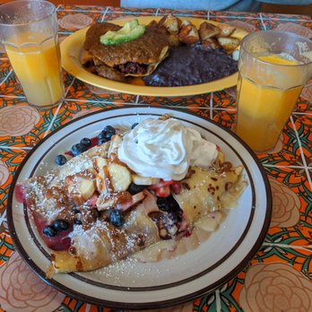 Cafe Jaavy - Huevos Rancheros in the back and Berry Banana tres leches crepes in the front. - Cafes Near Me - Fort Bragg, California