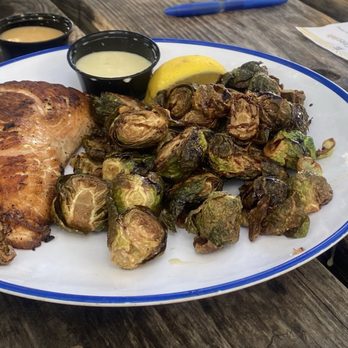 Hays City Store - Grilled salmon with roasted brussel sprouts. Yum - American Near Me - Driftwood, Texas