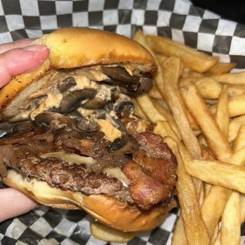 Jupiter Style Patty Wagon - Moon Shroom Burger $12 (all orders come with fries for free) - swiss cheese, grilled onions and mushrooms, burger sauce, and bacon - Burgers Near Me - Stockton, California Jupiter Style Patty Wagon - Moon Shroom Burger $12 (all orders come with fries for free) - swiss cheese, grilled onions and mushrooms, burger sauce, and bacon - Burgers Near Me - Stockton, California