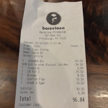 Barcelona Wine Bar - Receipt. Two people. - Wine Bars Near Me - Pittsburgh, Pennsylvania