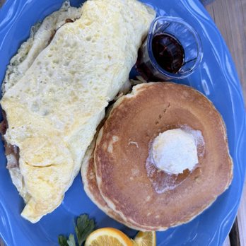 Morning Glory - Bacon omelette with grilled onion and cheese with side of pancakes - Breakfast & Brunch Near Me - Ashland, Oregon Morning Glory - Bacon omelette with grilled onion and cheese with side of pancakes - Breakfast & Brunch Near Me - Ashland, Oregon
