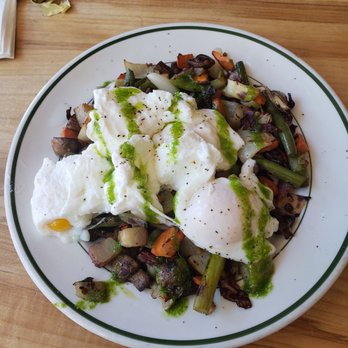 Redwing Cafe - Veggie hash with extra poached eggs. Cooked to perfection. - Breakfast & Brunch Near Me - Seattle, Washington