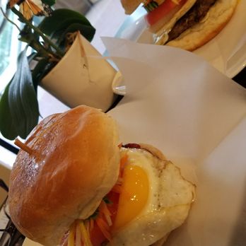 Neri's - Tocino (cured pork) and chicken terriyaki burger with sweet bread, tomato, egg, lettuce - Filipino Near Me - Los Angeles, California