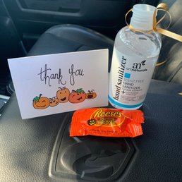 Sanitizer, candy and thank you card. Sanitizer, candy and thank you card.