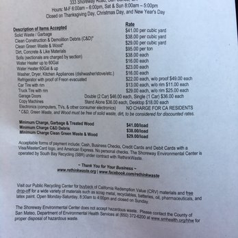 Shoreway Environmental Center - Rates effective as of Jan 1 2017 - Recycling Center Near Me - San Carlos, California