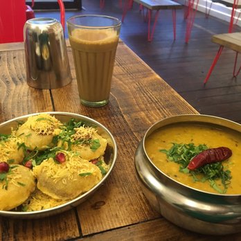 Chit Chaat Chai - Yogurt puri on the left, tarka dhaal on the right and masala chai in the background - Indian Near Me - Wandsworth, XGL Chit Chaat Chai - Yogurt puri on the left, tarka dhaal on the right and masala chai in the background - Indian Near Me - Wandsworth, XGL