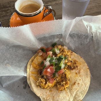 Austin Eats Food Tours - Breakfast taco on corn plus double shot espresso from Lazarus - Food Tours Near Me