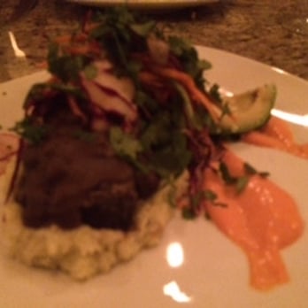 Heirloom Restaurant - My entree, beef short ribs on grits, with avocado and jicama slaw. The chef has GOT to bring this back to the menu!! Delicious! - New American Near Me - Midway, Kentucky