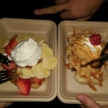 Waffle Love - On the left Bananas and cream with biscoff and strawberrys and the right is cinnabliss with a chocate filled waffle. - Waffles Near Me - Provo, Utah Waffle Love - On the left Bananas and cream with biscoff and strawberrys and the right is cinnabliss with a chocate filled waffle. - Waffles Near Me - Provo, Utah