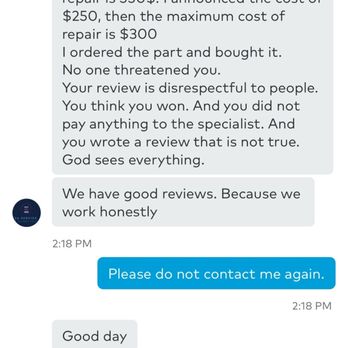 2A Service - Continuing to message and harass me. Very unprofessional. - Appliances & Repair Near Me - Vista, California