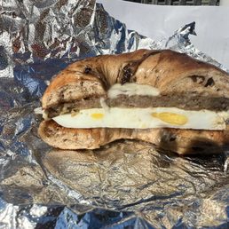 Breakfast bagel: eggs, cheese, sausage, and choice of bagel. I go for cinnamon raisin to get the savory/sweet!