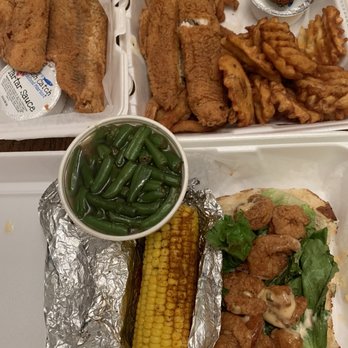 Caplinger's Fresh Catch - Shrimp po boy (bottom) and Caplinger's special (top) - Seafood Near Me - Indianapolis, Indiana Caplinger's Fresh Catch - Shrimp po boy (bottom) and Caplinger's special (top) - Seafood Near Me - Indianapolis, Indiana