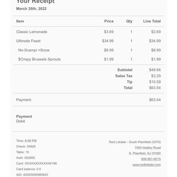 Red Lobster - My receipt showing how much I paid and what would it have simply cost her boss for a small bit of hospitality - Seafood Near Me - South Plainfield, New Jersey