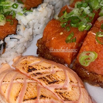 Sushi Dan - Salmon Lightly Grilled Salmon Belly 2pcs Spicy Tuna Roll Spicy Shrimp Roll Crunchy Spicy Tuna Sushi - Sushi Bars Near Me - Studio City, California Sushi Dan - Salmon Lightly Grilled Salmon Belly 2pcs Spicy Tuna Roll Spicy Shrimp Roll Crunchy Spicy Tuna Sushi - Sushi Bars Near Me - Studio City, California