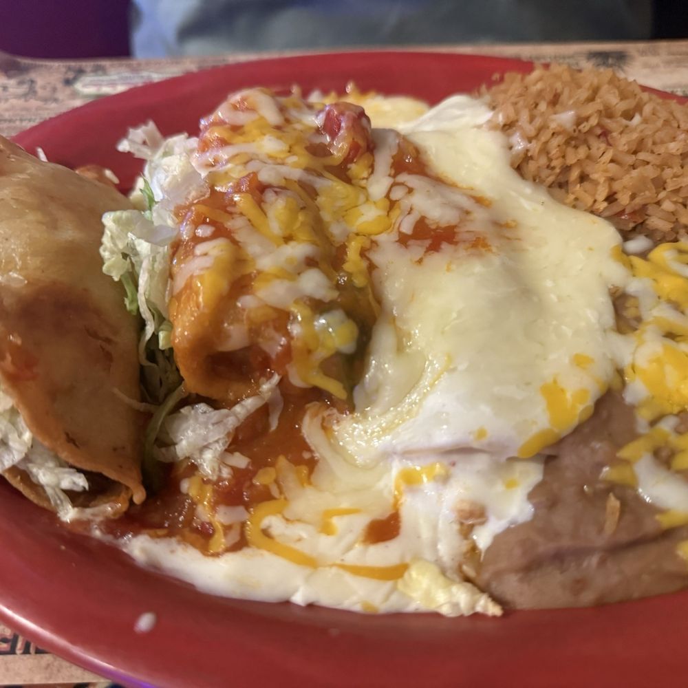 Chicken taco, enchiladas suiza and chimichanga Chicken taco, enchiladas suiza and chimichanga
