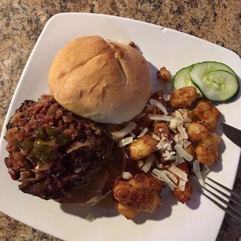 Bar 209 - PBJ burger with fried cheese curds on the side. The plate is actually quite large - it's plenty of food for 1! - Beer, Wine & Spirits Near Me - Bemidji, Minnesota
