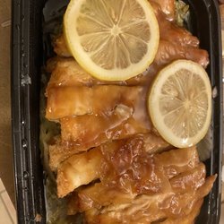 Tang's Chinese Restaurant - Peking Lemon Chicken, sitting in a cabbage marmalade with no lemon taste or flavor.