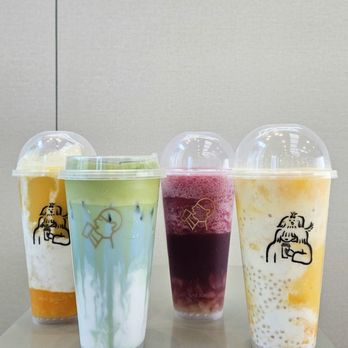 Heytea - 2 Coconut mango boom (one mixed), matcha cloud coconut blue, and crisp grape boom - Bubble Tea Near Me - San Francisco, California