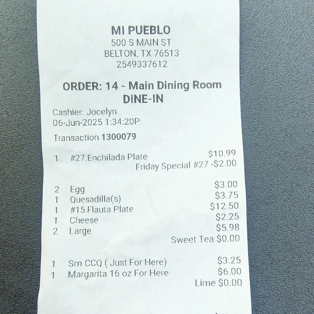 Mi Pueblo Restaurant - Receipt. - Mexican Near Me - Belton, Texas