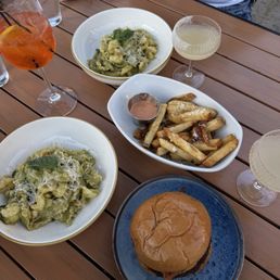 House Burger, Belgian Fries,  Malfadine Alla Nerano, spritz, lemon drop martini