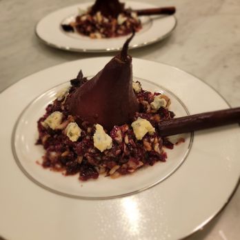 Amour Sur Table - Poached pear in red wine and spices with radicchio salad with Blue d'Auvergne - Personal Chefs Near Me Amour Sur Table - Poached pear in red wine and spices with radicchio salad with Blue d'Auvergne - Personal Chefs Near Me