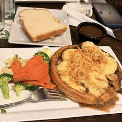 The Butcher & Banker Pub - Hot stuffed beef yorkie with veggies and bread & butter (extra cost)