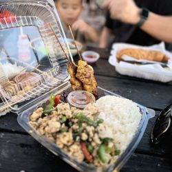 I get the Spicy Chicken with Basil , spicy. And add the chicken skewers as the additional side. Their portions are fantastic!
