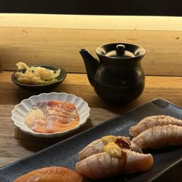 Creamy Salmon Sashimi, Salmon Nigiri, Aburi Salmon Nigiri, Fatty Salmon Nigiri Creamy Salmon Sashimi, Salmon Nigiri, Aburi Salmon Nigiri, Fatty Salmon Nigiri