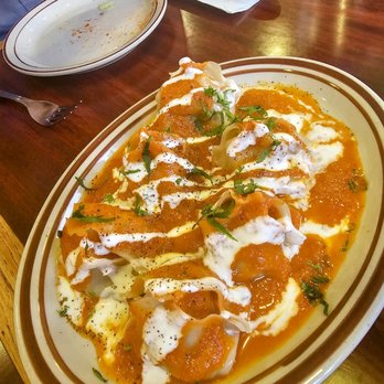 Dunya Kabab House - Mantu- Steamed dumplings stuffed with ground beef with 2 sauces. $8. Delicious. Same sauce as the worse aushak - Afghan Near Me - Brooklyn, New York