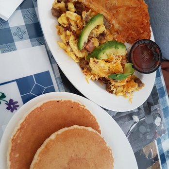 Sara's Kitchen - Meat lovers scramble with hash and shirt stack. The scramble comes with a house-made salsa. - American Near Me - Santa Clara, California