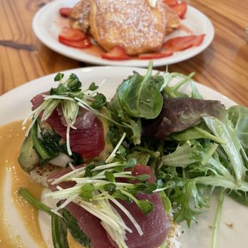 Cream Pot - Maguro (tuna) Eggs Benedict and Strawberry Soufflé Pancakes - Breakfast & Brunch Near Me - Honolulu, Hawaii Cream Pot - Maguro (tuna) Eggs Benedict and Strawberry Soufflé Pancakes - Breakfast & Brunch Near Me - Honolulu, Hawaii