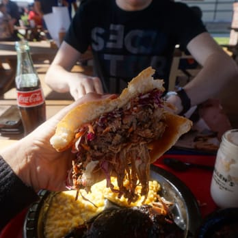 Killen's Barbecue - The huge and delicious BBQ pulled pork (and a lil banana pudding on the left, creamed corn below!) - Barbeque Near Me - Pearland, Texas Killen's Barbecue - The huge and delicious BBQ pulled pork (and a lil banana pudding on the left, creamed corn below!) - Barbeque Near Me - Pearland, Texas