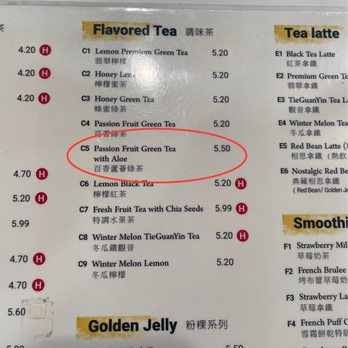 TP Tea - Physical menu shows Passion Fruit Green Tea with Aloe - The menu displays a selection of flavored teas, including Passion Fruit Green Tea with Aloe priced at 5.50, marked with a red circle. Other options include Lemon Premium Green Tea, Honey Green Tea, and Passion Fruit Green Tea, with prices ranging from 4.20 to 5.20. The menu also lists tea lattes, smoothies, and jelly drinks, with some items marked with an 'H' indicating hot options. The layout includes both English and Chinese descriptions. - Bubble Tea Near Me - Richardson, Texas