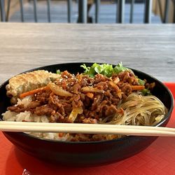 K-Towne Kitchen - Spicy Pork Kup Bop with a dumpling