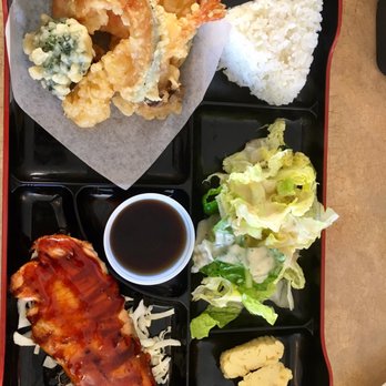 BullsHead Express - Bento Box with 2 items - tempura and Teriyaki Salmon - Burgers Near Me - Burlingame, California BullsHead Express - Bento Box with 2 items - tempura and Teriyaki Salmon - Burgers Near Me - Burlingame, California