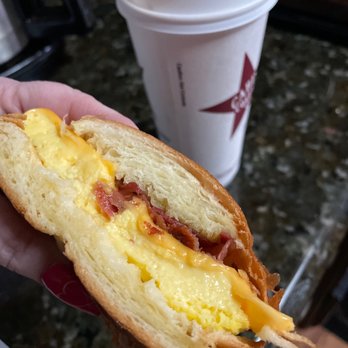 Cabin Coffee - #3. Egg, American and Bacon Sandwich on Butter Croissant Cut in half perfect! - Cafes Near Me - Avon, Indiana