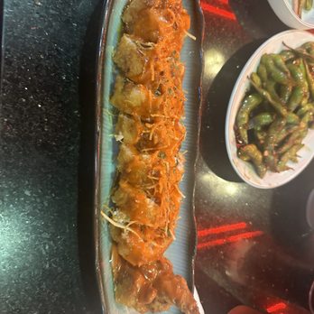 Love Sushi - Shrimp Shrimp Tempura Crunch Roll and garlic edamame - Sushi Bars Near Me - Bakersfield, California