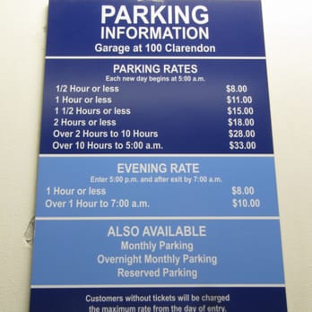 100 Clarendon Street Garage - Parking Pricing 12/2012 - Parking Near Me - Boston, Massachusetts 100 Clarendon Street Garage - Parking Pricing 12/2012 - Parking Near Me - Boston, Massachusetts