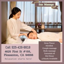 Sun Massage - Massage techniques are commonly applied with hands, fingers, 
elbows, knees, forearms, feet, or a device...