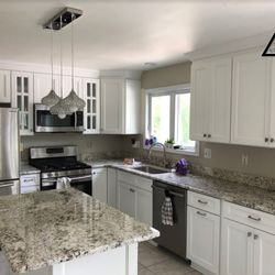 L & Z Kitchen & Bath - Forever Mark Uptown White Cabinets & Crema Petra Granite.  Job Site: Chesterfield, NJ