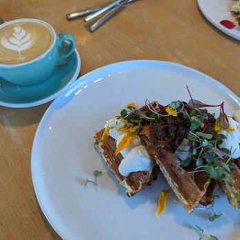 Lele Cake - Gruyere Waffles with Goat Cheese Mousse and Onion Marmalade - Coffee & Tea Near Me - Los Gatos, California