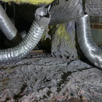 Vent Busters - The vent was not properly secured and collapsed at some point. This is what happens when you exhaust a dryer directly into the crawlspace. - Air Duct Cleaning Near Me Vent Busters - The vent was not properly secured and collapsed at some point. This is what happens when you exhaust a dryer directly into the crawlspace. - Air Duct Cleaning Near Me