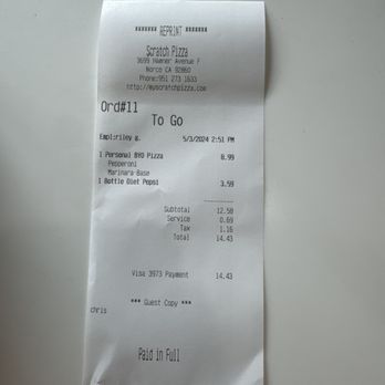 Scratch Pizza - Receipt - Pizza Near Me - Norco, California