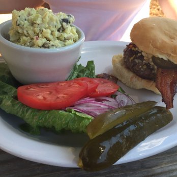 Fieldbrook Country Kitchen - Humboldt grass fed beef burger with garden fresh veggies with a side of potato salad - Beer Bar Near Me - Fieldbrook, California Fieldbrook Country Kitchen - Humboldt grass fed beef burger with garden fresh veggies with a side of potato salad - Beer Bar Near Me - Fieldbrook, California