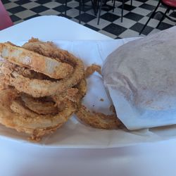 Hamburger and onion rings.