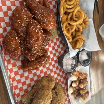 Zip Dak Korean Fried Chicken - Half and half with curly fries and soddeok soddeok - Korean Near Me - Kirkland, Washington