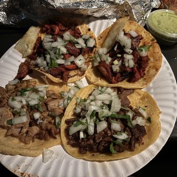 Erick's Street Tacos - Tacos: 2 pastor (top), asada (bottom right), pollo (bottom left) - Tacos Near Me - Bakersfield, California Erick's Street Tacos - Tacos: 2 pastor (top), asada (bottom right), pollo (bottom left) - Tacos Near Me - Bakersfield, California