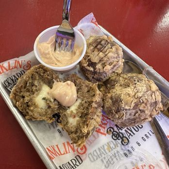 Franklin’s Backyard Bayou - Pepper Jack stuffed boudin balls with remoulade. - Seafood Near Me - Victoria, Texas Franklin’s Backyard Bayou - Pepper Jack stuffed boudin balls with remoulade. - Seafood Near Me - Victoria, Texas