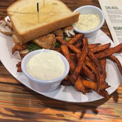 Mavericks Steak & Cocktails - Walleye blt + sweet potato fries