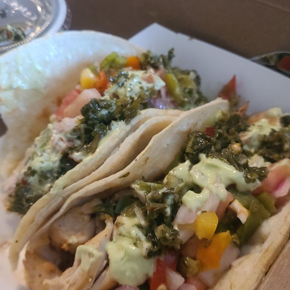 The Box Mobile Catering - Pollo Tacos, with cheese, chimichurri, and avocado crema. - Food Trucks Near Me